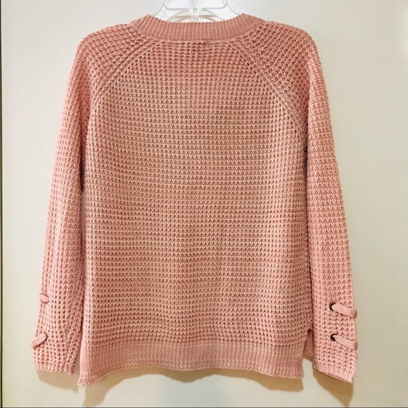 It’s Our Time Soft pink loose knit sweater with lace up V-neck - Picture 2 of 6